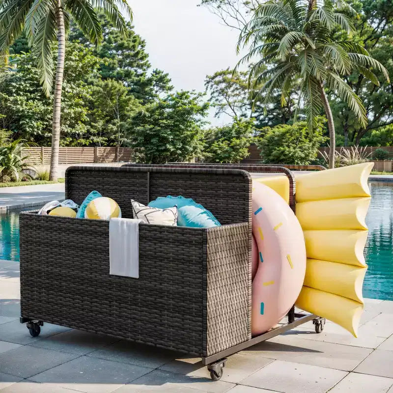 Heavy-Duty Rolling Pool Float Storage Organizer, 2-Compartment PE Rattan Caddy, Waterproof & UV-Resistant with Armrests