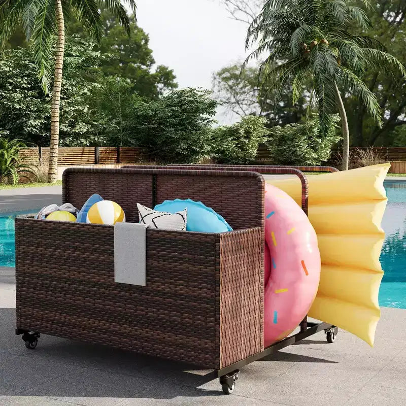 Heavy-Duty Rolling Pool Float Storage Organizer, 2-Compartment PE Rattan Caddy, Waterproof & UV-Resistant with Armrests
