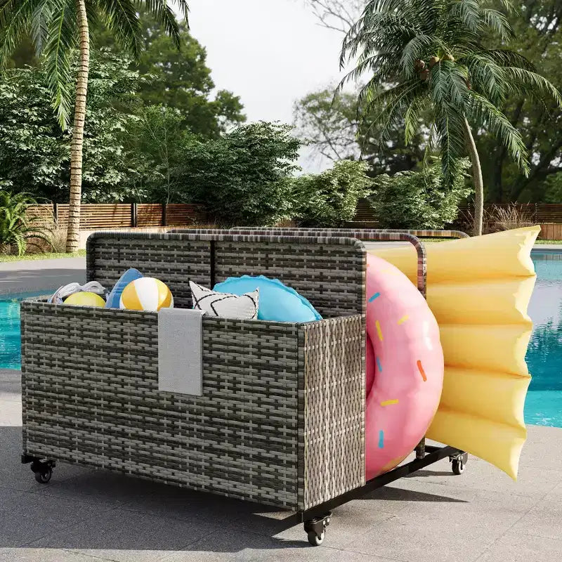Heavy-Duty Rolling Pool Float Storage Organizer, 2-Compartment PE Rattan Caddy, Waterproof & UV-Resistant with Armrests