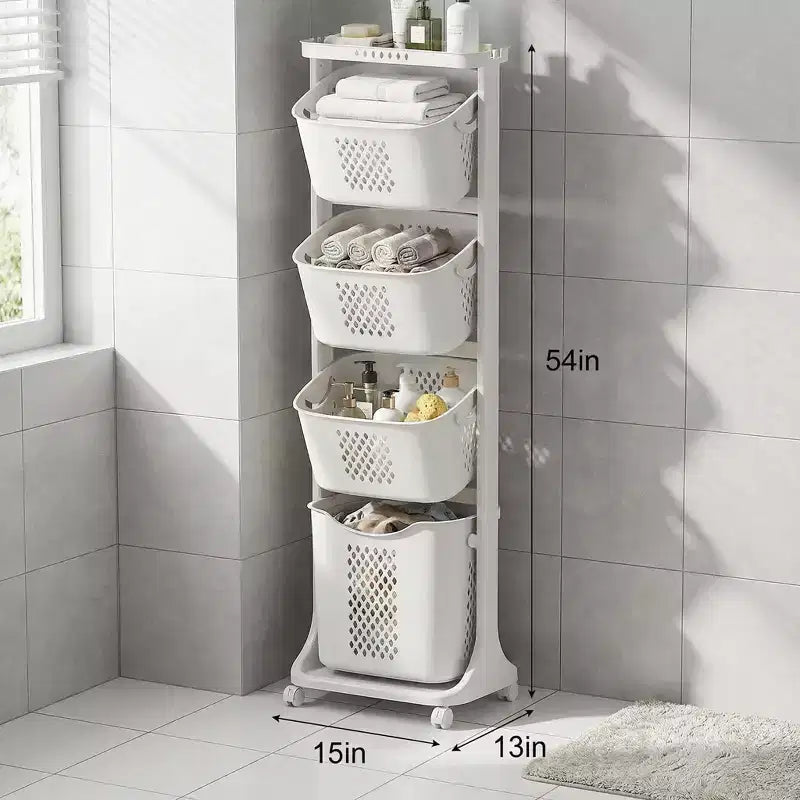 White 4-Tier Rolling Laundry Sorter with Removable Baskets & Wheels, Laundry Storage Organizer Cart for Bathroom Laundry Room