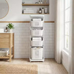 Trieur de linge roulant blanc à 4 niveaux avec paniers amovibles et roulettes, chariot de rangement pour salle de bain et buanderie