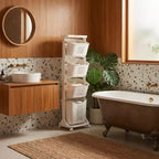 Trieur de linge roulant blanc à 4 niveaux avec paniers amovibles et roulettes, chariot de rangement pour salle de bain et buanderie