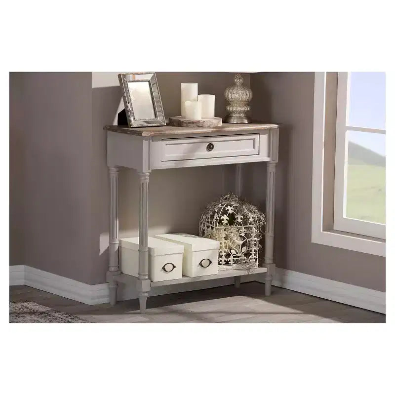 French Provincial Style Console Table with 1 Drawer - White/Light Brown -: Elegant Entryway Furniture, Narrow Design