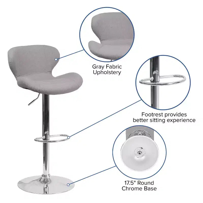 Contemporary Adjustable Height Barstool with Curved Back and Chrome Base