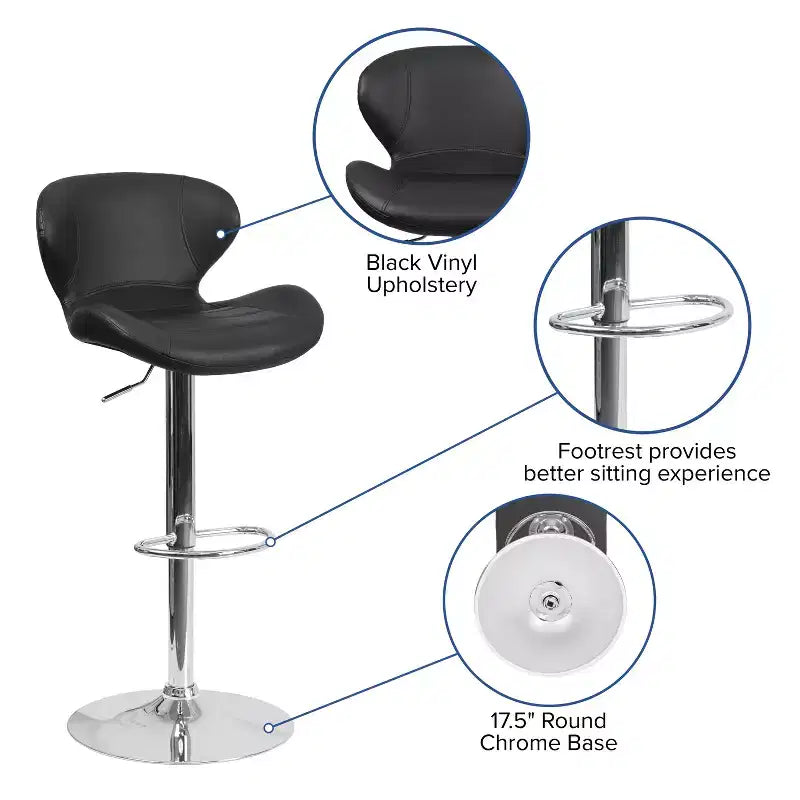 Contemporary Adjustable Height Barstool with Curved Back and Chrome Base
