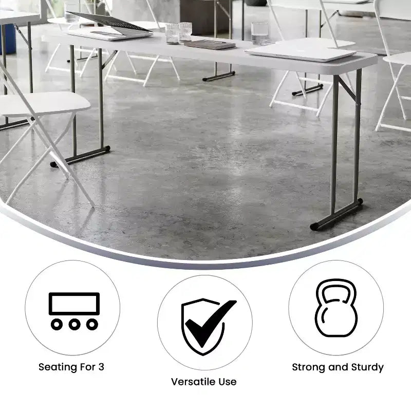 6-Foot Rectangular White Plastic Folding Table with Locking Legs for Training or Seminars